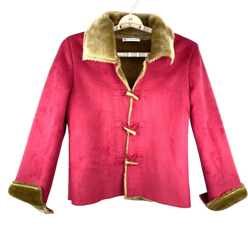 Marisa Christina Dark Pink Jacket Faux Suede Toggle Close Faux Fur Tan Lined  M